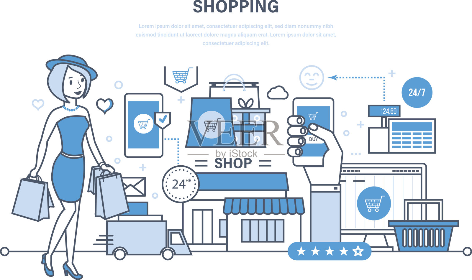 現代購物、網上訂購產品系統(tǒng),安全支付、送貨插畫圖片素材